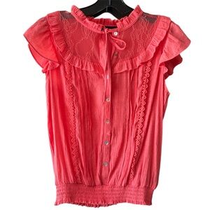 Love University Coral Ruffled Lace-Trim Button Front Cottagecore Feminine Top M